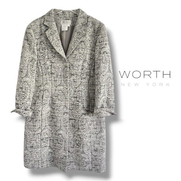 WORTH PETITE Charcoal Gray White Paisley Print WOOL Car Coat SZ L - Picture 2 of 7